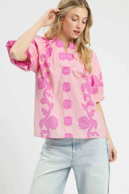 Umgee Floral Smocked Notched Puff Sleeve Blouse - Bitsy Gypsy Boutique