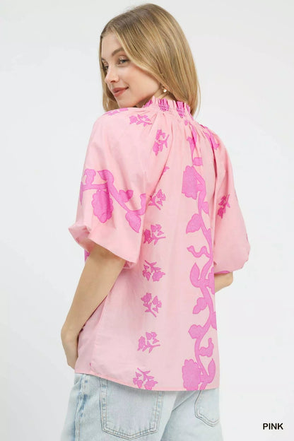 Umgee Floral Smocked Notched Puff Sleeve Blouse - Bitsy Gypsy Boutique