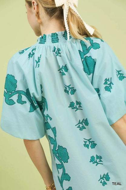 Umgee Floral Smocked Notched Puff Sleeve Blouse - Bitsy Gypsy Boutique