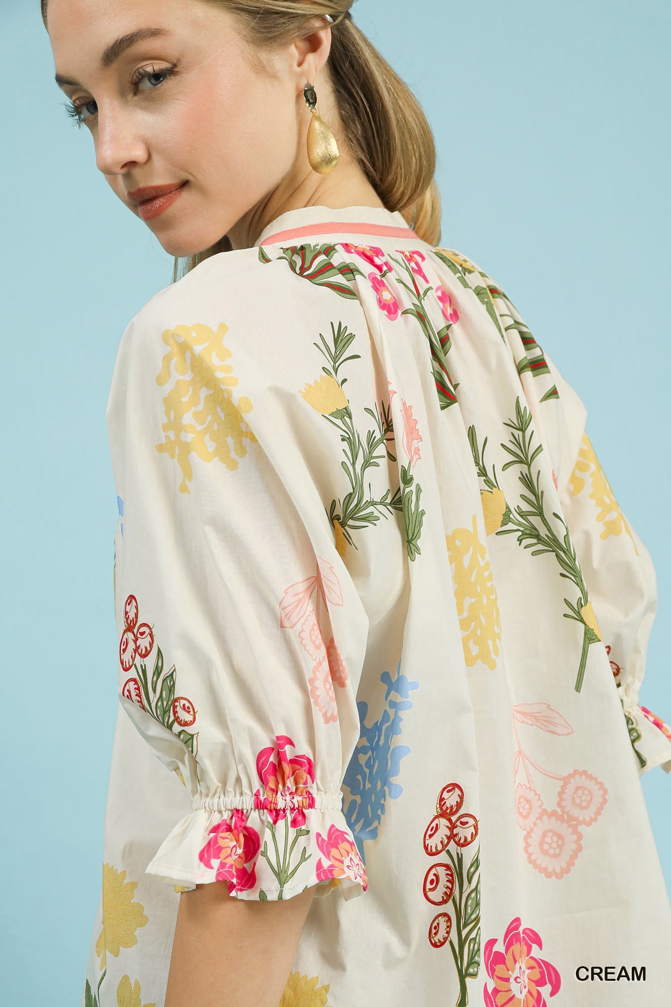 Umgee Floral Split Neck Puff Sleeve Top - Bitsy Gypsy Boutique