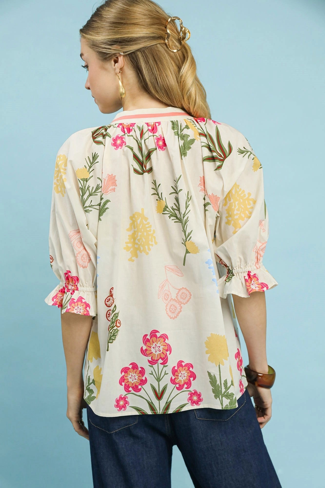 Umgee Floral Split Neck Puff Sleeve Top - Bitsy Gypsy Boutique