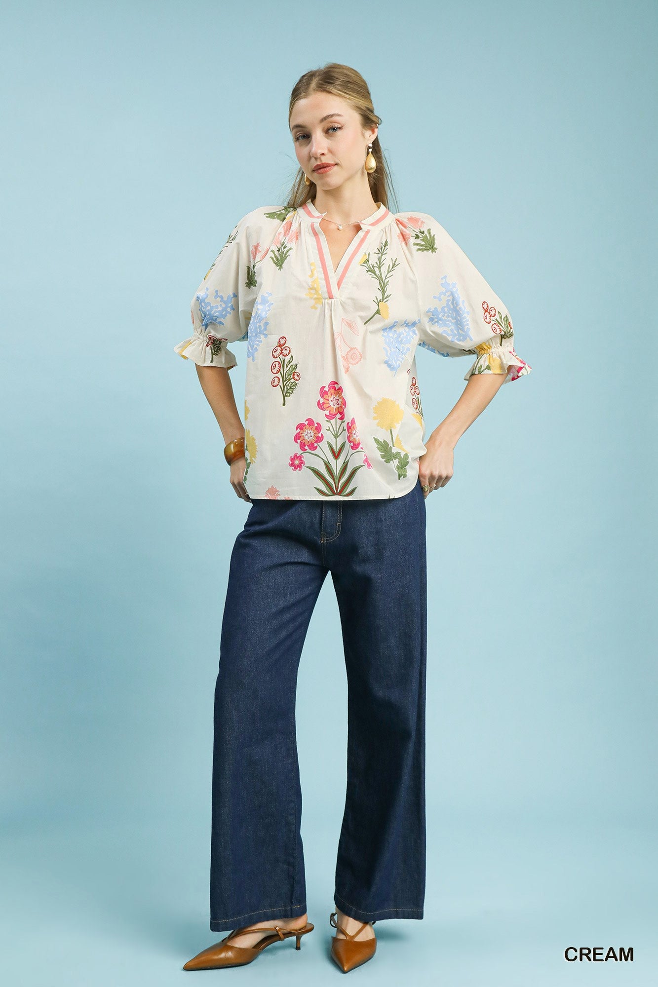 Umgee Floral Split Neck Puff Sleeve Top - Bitsy Gypsy Boutique