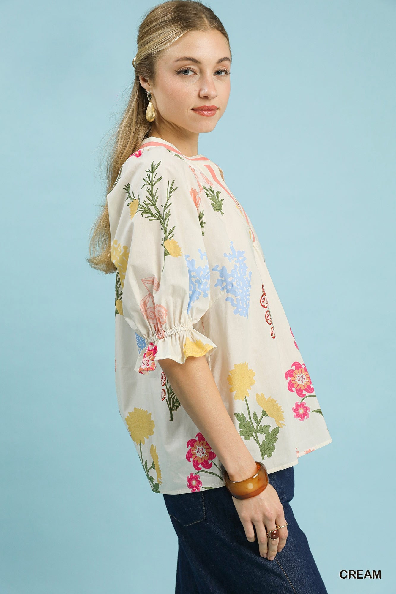 Umgee Floral Split Neck Puff Sleeve Top - Bitsy Gypsy Boutique