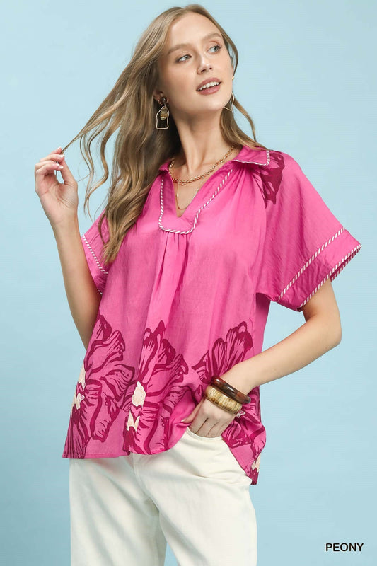 Umgee Floral Split - Neck Short Sleeve Top - Bitsy Gypsy Boutique