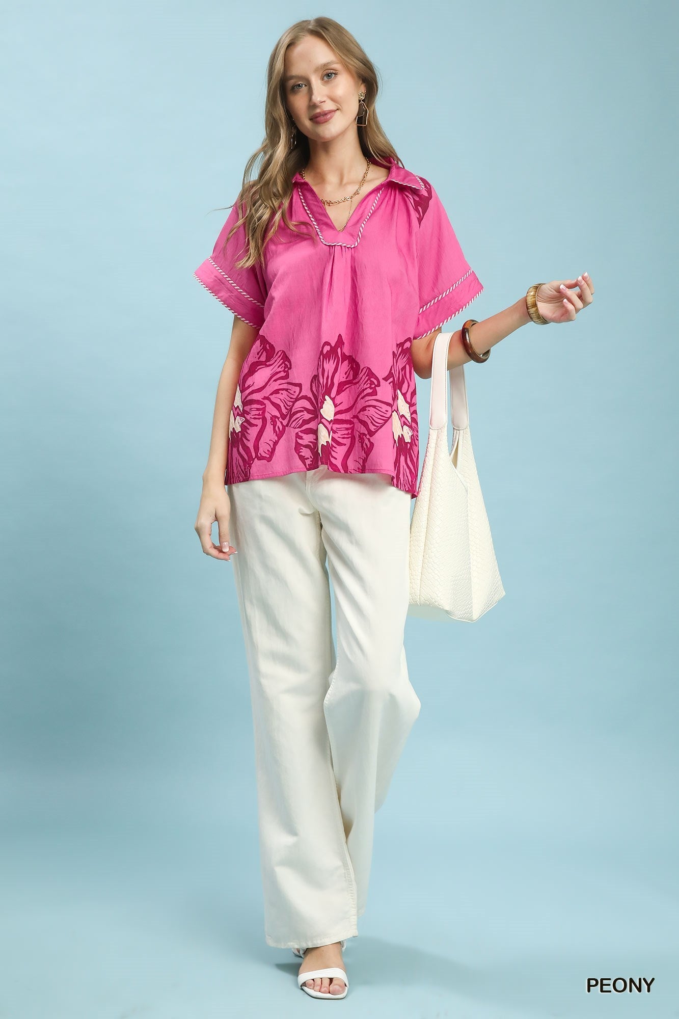 Umgee Floral Split - Neck Short Sleeve Top - Bitsy Gypsy Boutique