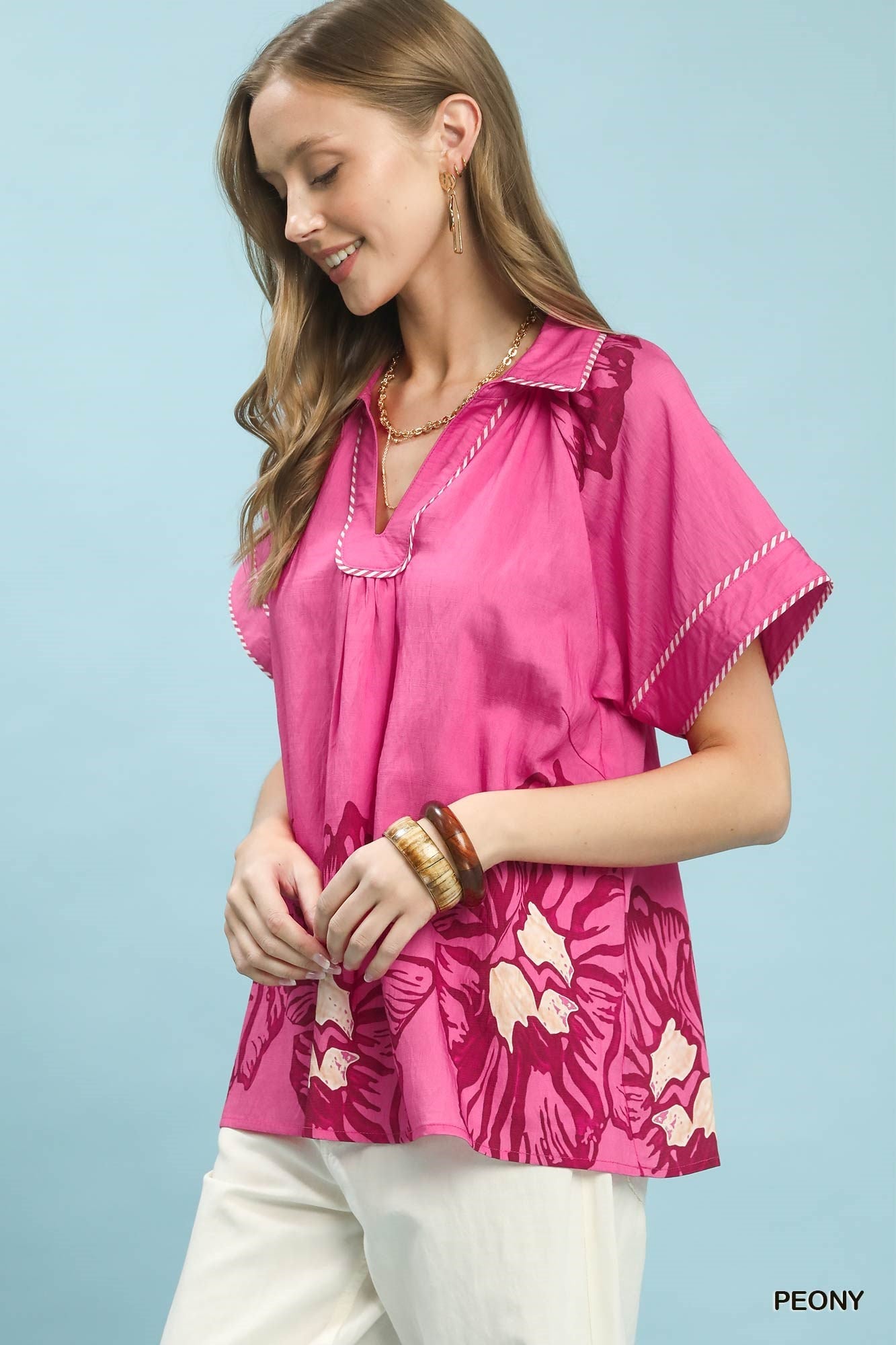 Umgee Floral Split - Neck Short Sleeve Top - Bitsy Gypsy Boutique