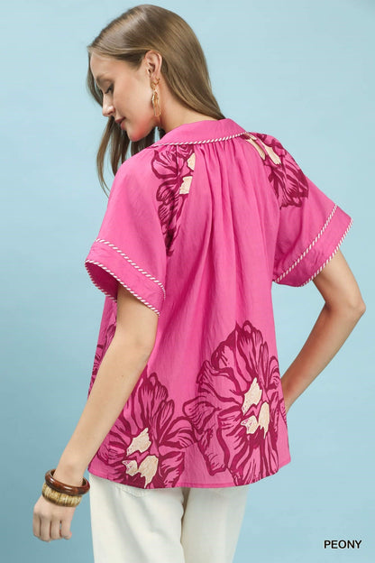 Umgee Floral Split - Neck Short Sleeve Top - Bitsy Gypsy Boutique