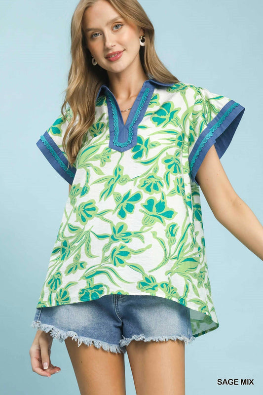 Umgee Floral Split Neck Top - Bitsy Gypsy Boutique