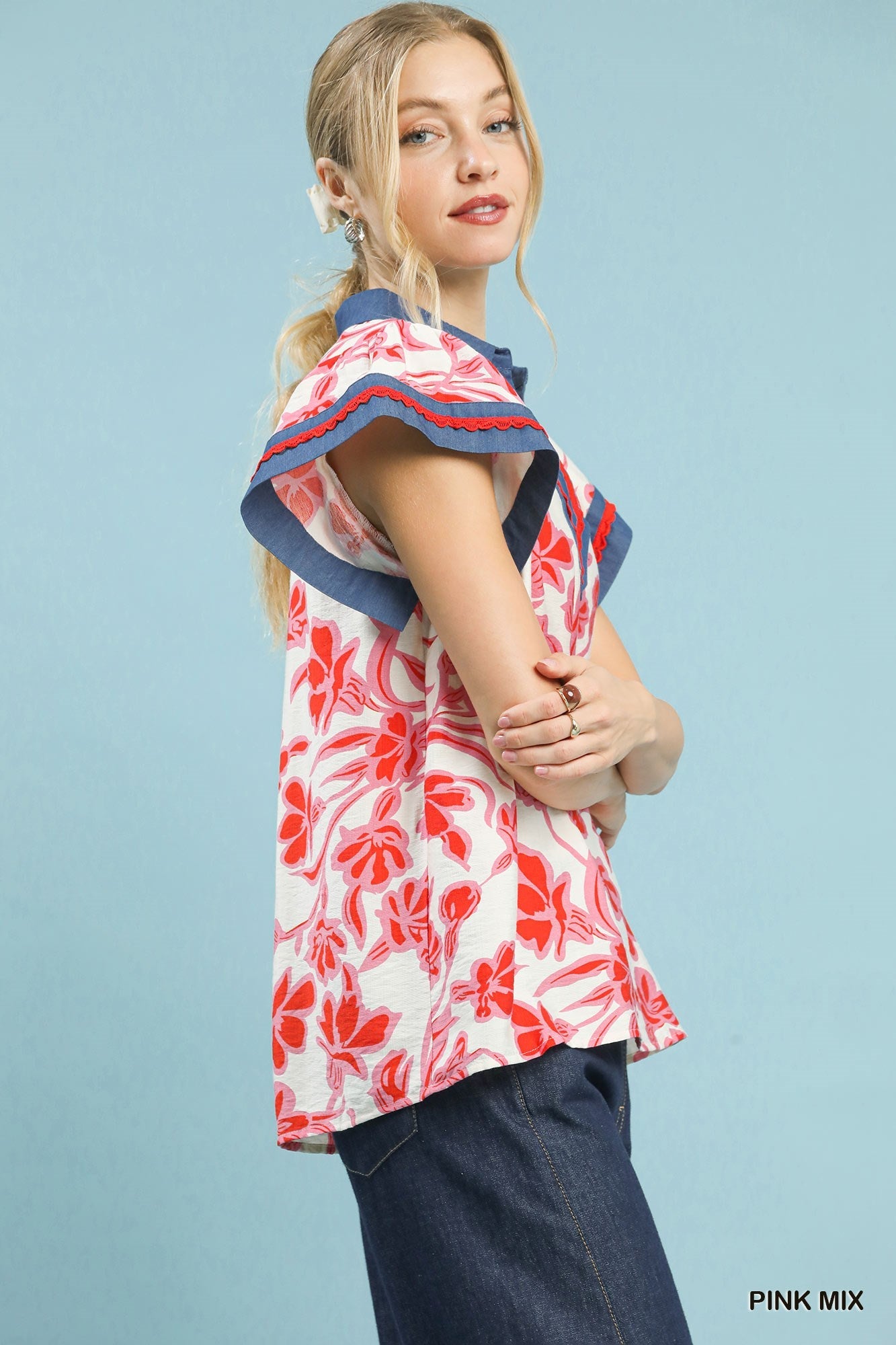 Umgee Floral Split Neck Top - Bitsy Gypsy Boutique