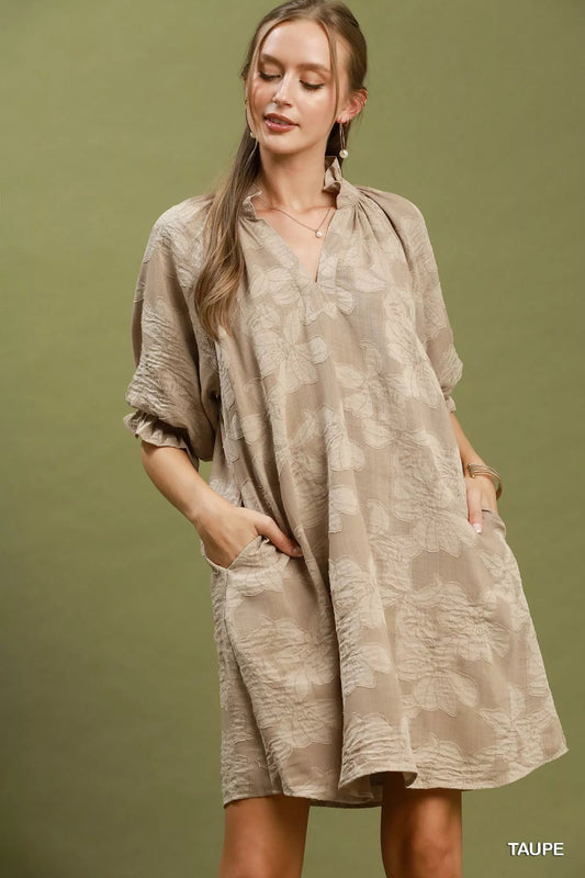 Umgee Floral Textured Jacqaurd V-Neck Dress - Bitsy Gypsy Boutique