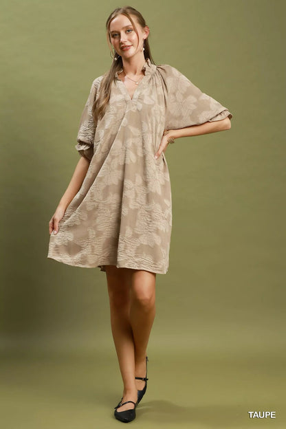 Umgee Floral Textured Jacqaurd V-Neck Dress - Bitsy Gypsy Boutique
