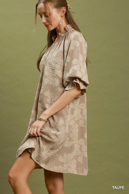 Umgee Floral Textured Jacqaurd V-Neck Dress - Bitsy Gypsy Boutique