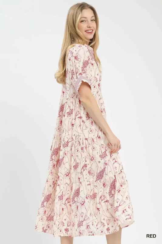 Umgee Floral Tiered Midi Dress with Ruffle Trim - Bitsy Gypsy Boutique