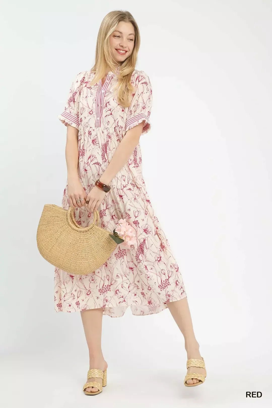 Umgee Floral Tiered Midi Dress with Ruffle Trim - Bitsy Gypsy Boutique