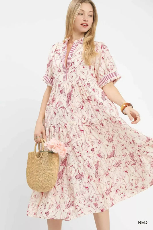 Umgee Floral Tiered Midi Dress with Ruffle Trim - Bitsy Gypsy Boutique