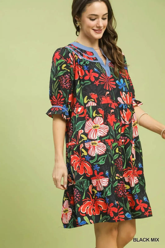 Umgee Floral Tiered Puff Sleeve Dress - Bitsy Gypsy Boutique