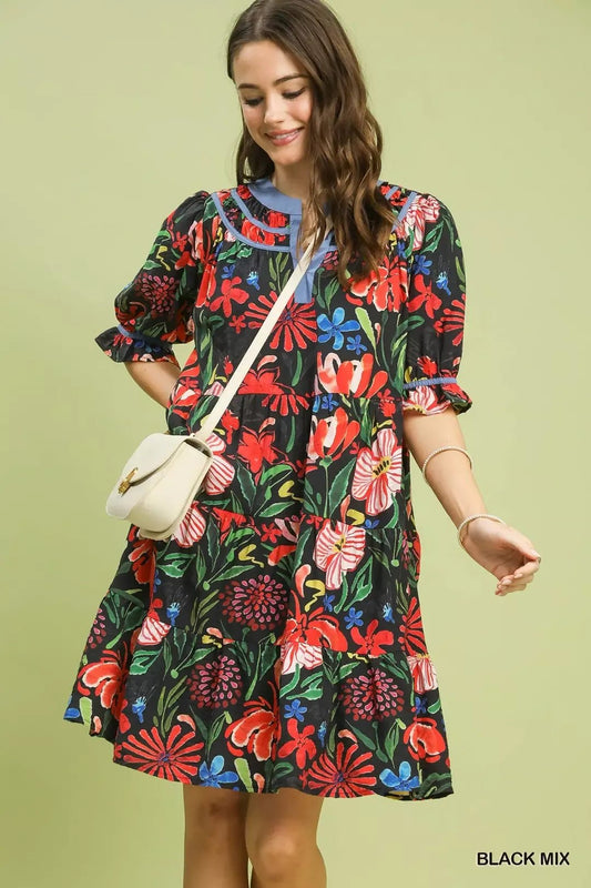 Umgee Floral Tiered Puff Sleeve Dress - Bitsy Gypsy Boutique