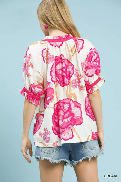 Umgee Floral V - Neck Puff Sleeve Blouse - Bitsy Gypsy Boutique