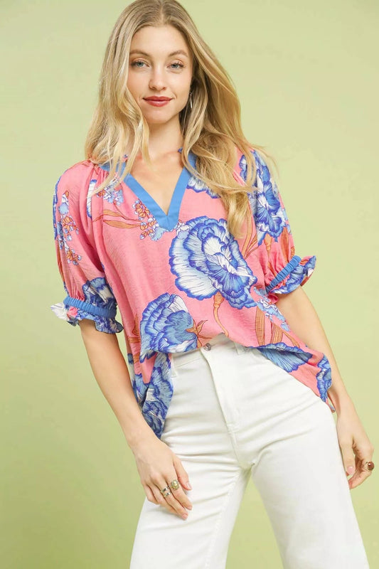 Umgee Floral V - Neck Puff Sleeve Blouse - Bitsy Gypsy Boutique