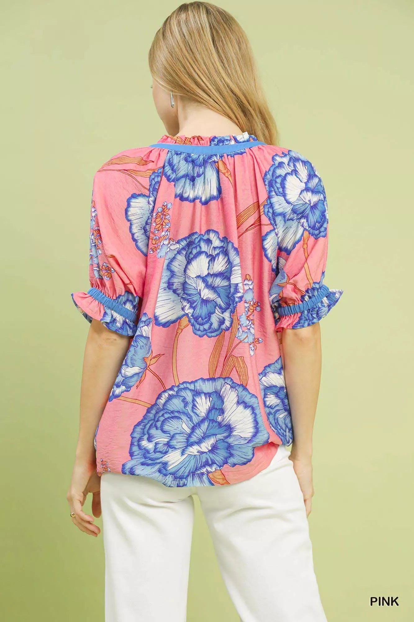 Umgee Floral V - Neck Puff Sleeve Blouse - Bitsy Gypsy Boutique