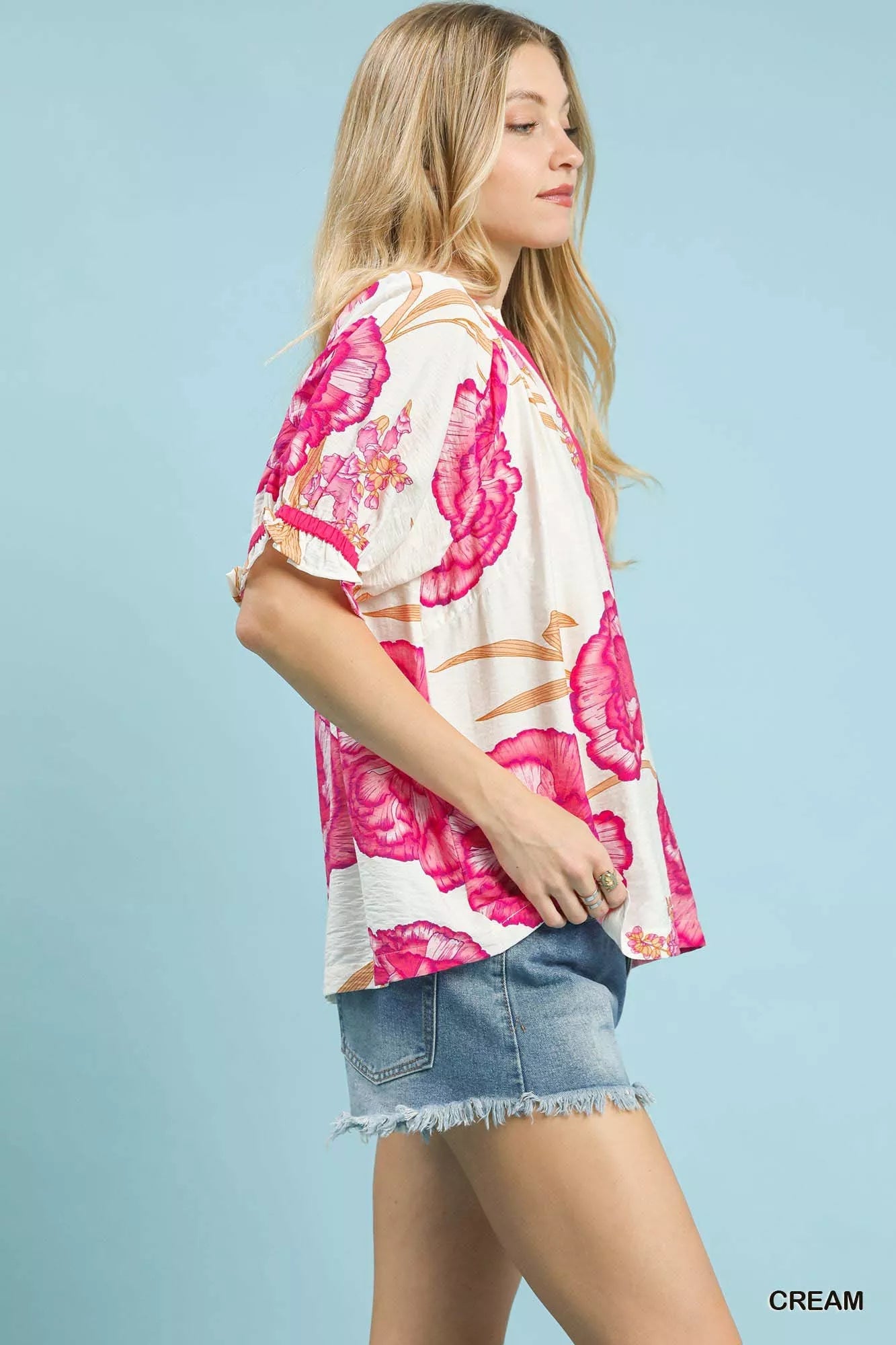 Umgee Floral V - Neck Puff Sleeve Blouse - Bitsy Gypsy Boutique