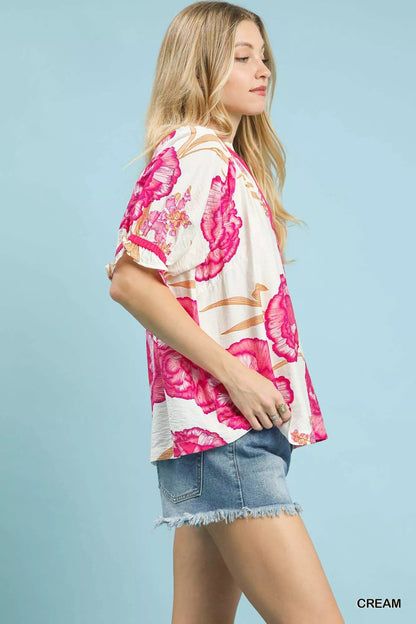 Umgee Floral V - Neck Puff Sleeve Blouse - Bitsy Gypsy Boutique