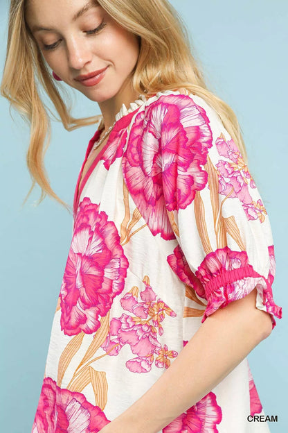 Umgee Floral V - Neck Puff Sleeve Blouse - Bitsy Gypsy Boutique