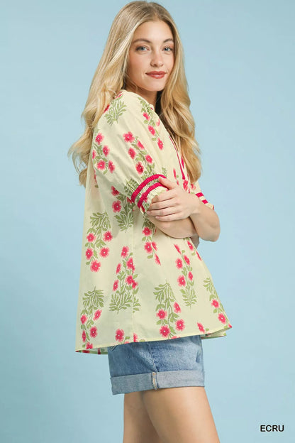 Umgee Floral V - Neck Puff Sleeve Top - Bitsy Gypsy Boutique