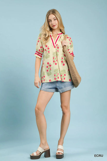 Umgee Floral V - Neck Puff Sleeve Top - Bitsy Gypsy Boutique