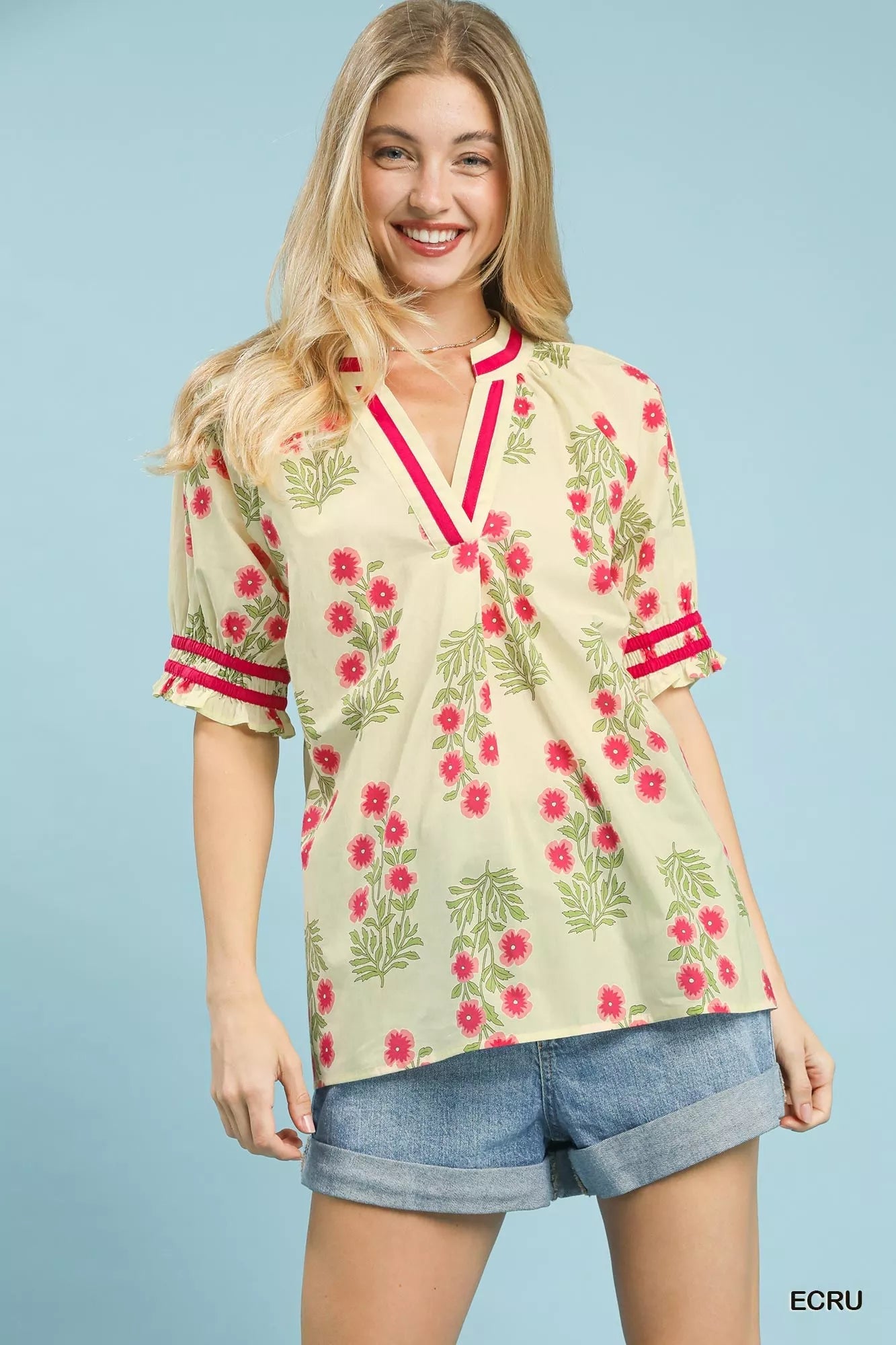 Umgee Floral V - Neck Puff Sleeve Top - Bitsy Gypsy Boutique