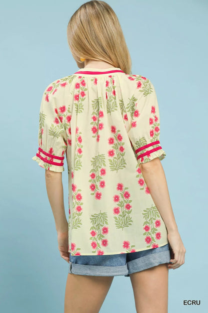 Umgee Floral V - Neck Puff Sleeve Top - Bitsy Gypsy Boutique