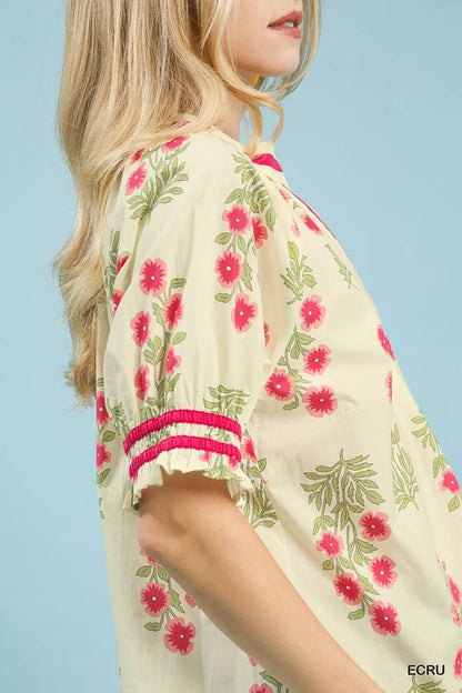 Umgee Floral V - Neck Puff Sleeve Top - Bitsy Gypsy Boutique
