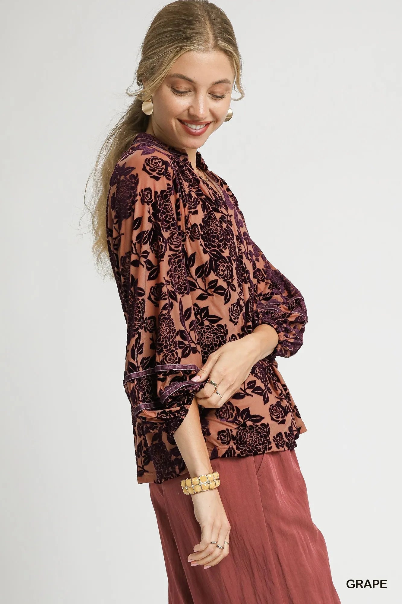 Umgee Floral Velvet Blouse with Balloon Sleeves - Bitsy Gypsy Boutique