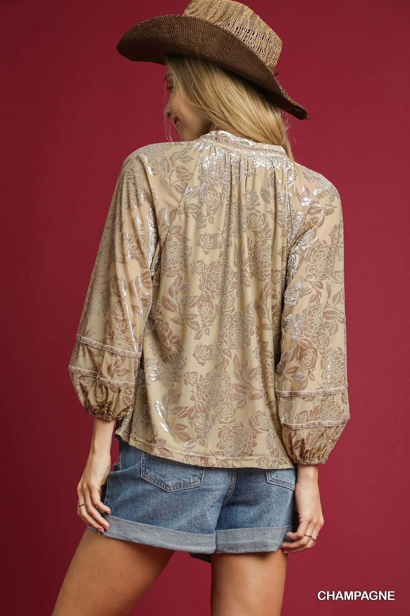 Umgee Floral Velvet Blouse with Balloon Sleeves - Bitsy Gypsy Boutique