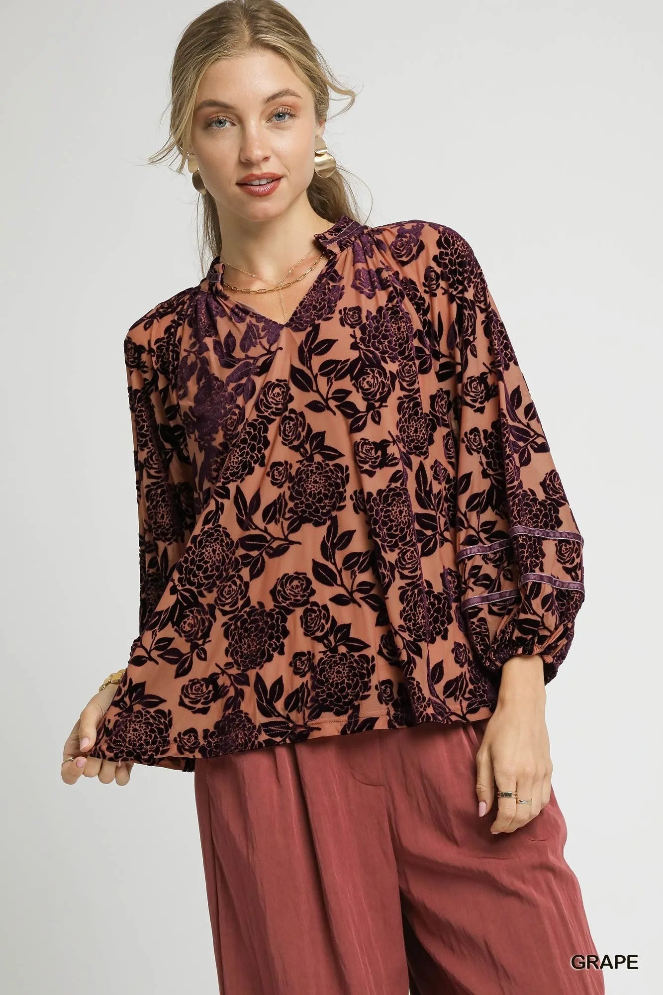 Umgee Floral Velvet Blouse with Balloon Sleeves - Bitsy Gypsy Boutique