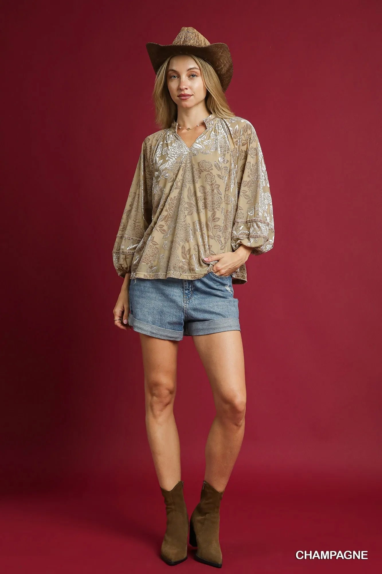 Umgee Floral Velvet Blouse with Balloon Sleeves - Bitsy Gypsy Boutique