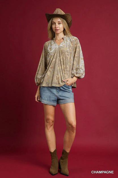 Umgee Floral Velvet Blouse with Balloon Sleeves - Bitsy Gypsy Boutique