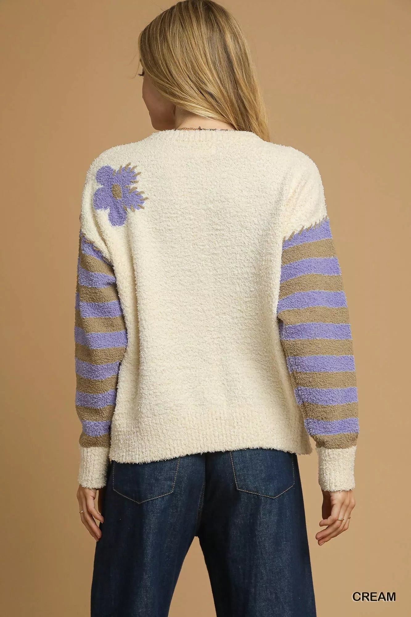 Umgee Flower Jacquard Striped Long Sleeve Sweater - Bitsy Gypsy Boutique