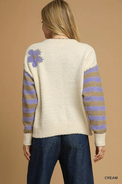 Umgee Flower Jacquard Striped Long Sleeve Sweater - Bitsy Gypsy Boutique