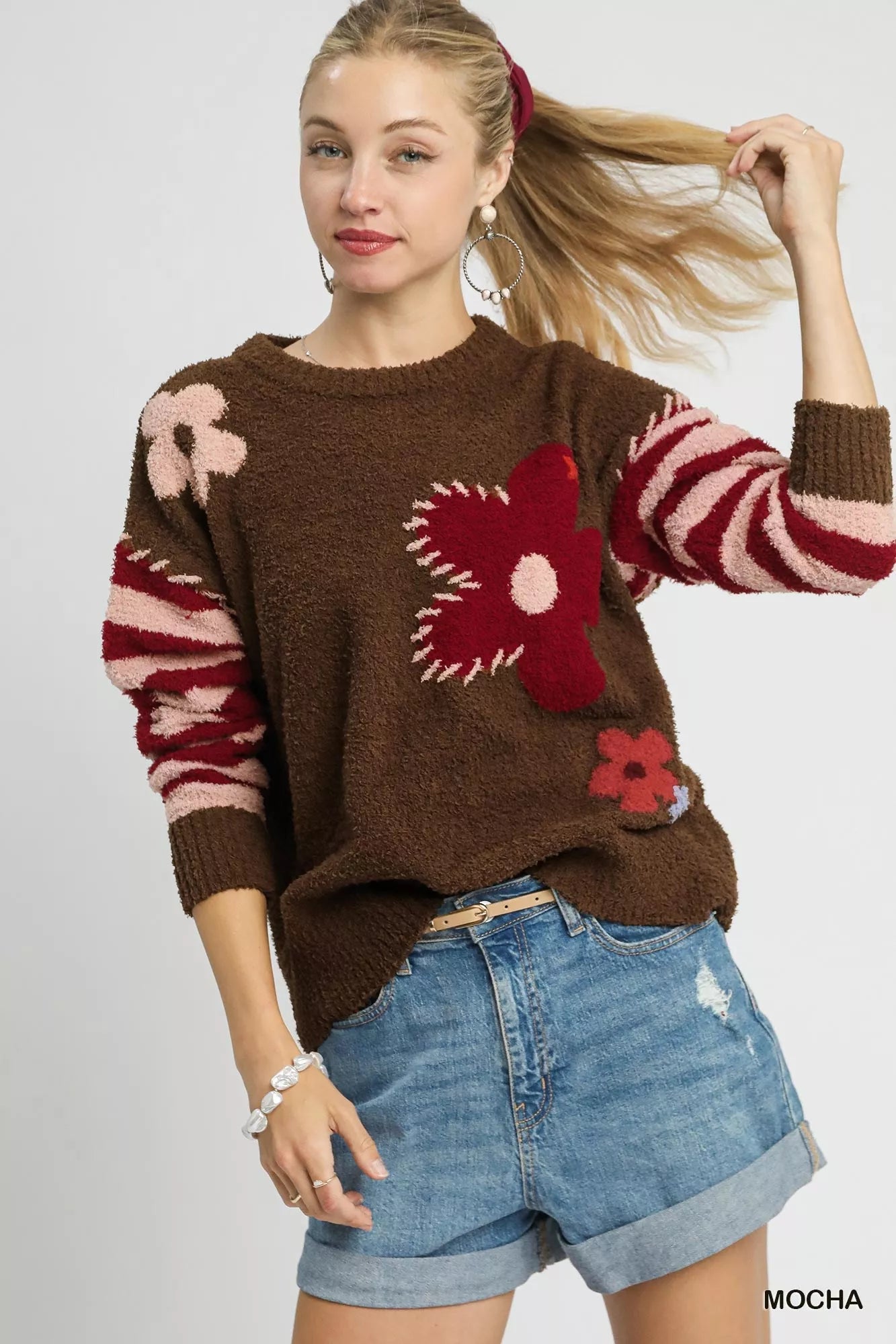 Umgee Flower Jacquard Striped Long Sleeve Sweater - Bitsy Gypsy Boutique