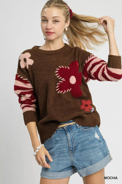 Umgee Flower Jacquard Striped Long Sleeve Sweater - Bitsy Gypsy Boutique