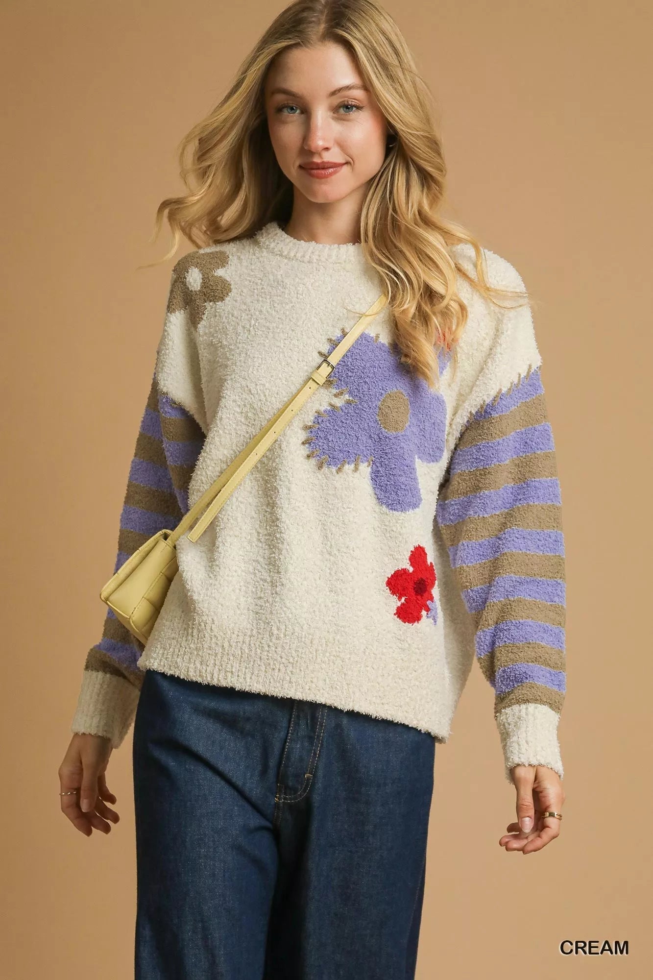 Umgee Flower Jacquard Striped Long Sleeve Sweater - Bitsy Gypsy Boutique