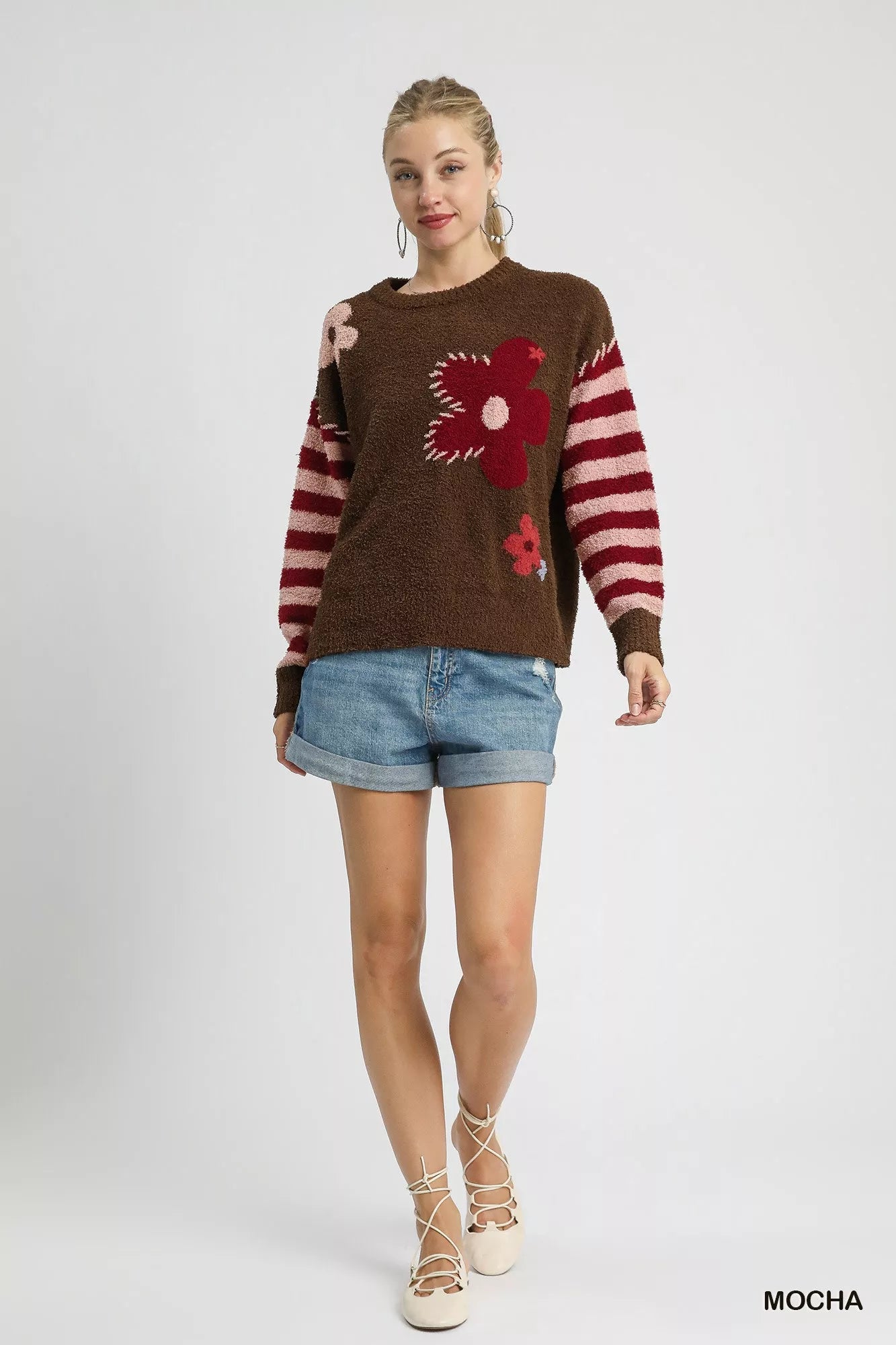 Umgee Flower Jacquard Striped Long Sleeve Sweater - Bitsy Gypsy Boutique