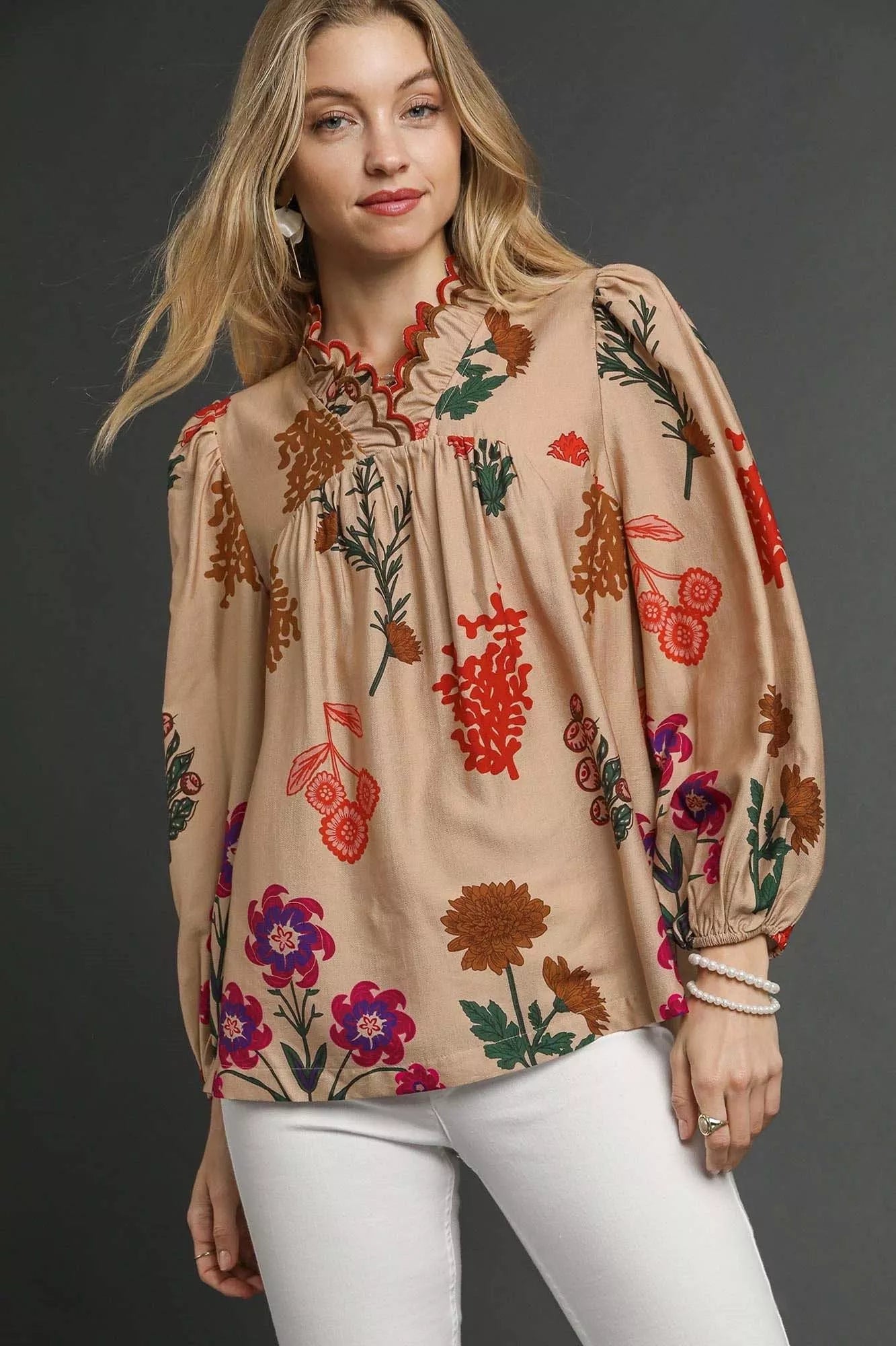 Umgee Flower Print Blouse with Scalloped Neckline - Bitsy Gypsy Boutique