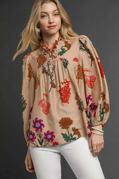 Umgee Flower Print Blouse with Scalloped Neckline - Bitsy Gypsy Boutique