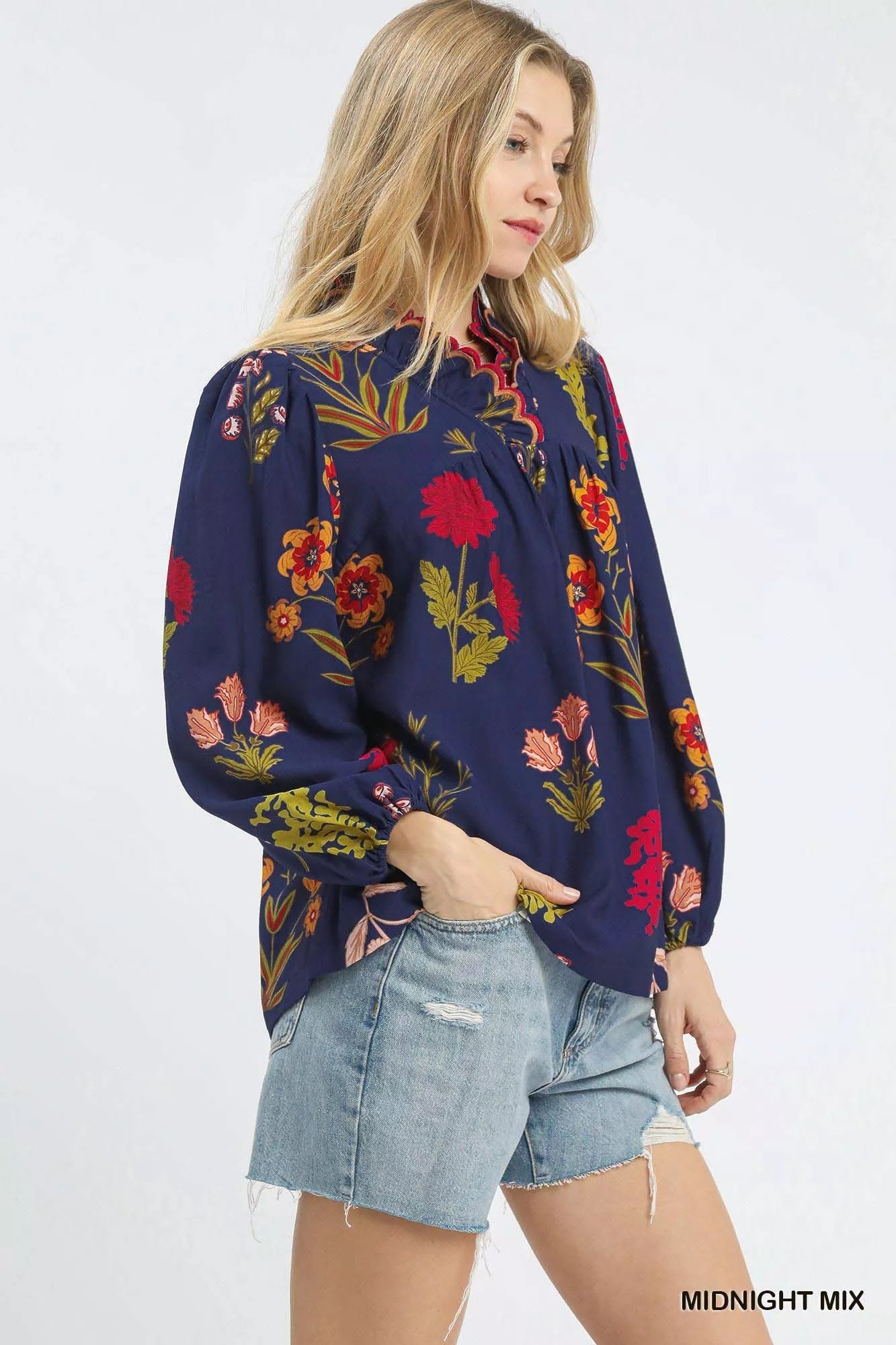 Umgee Flower Print Blouse with Scalloped Neckline - Bitsy Gypsy Boutique