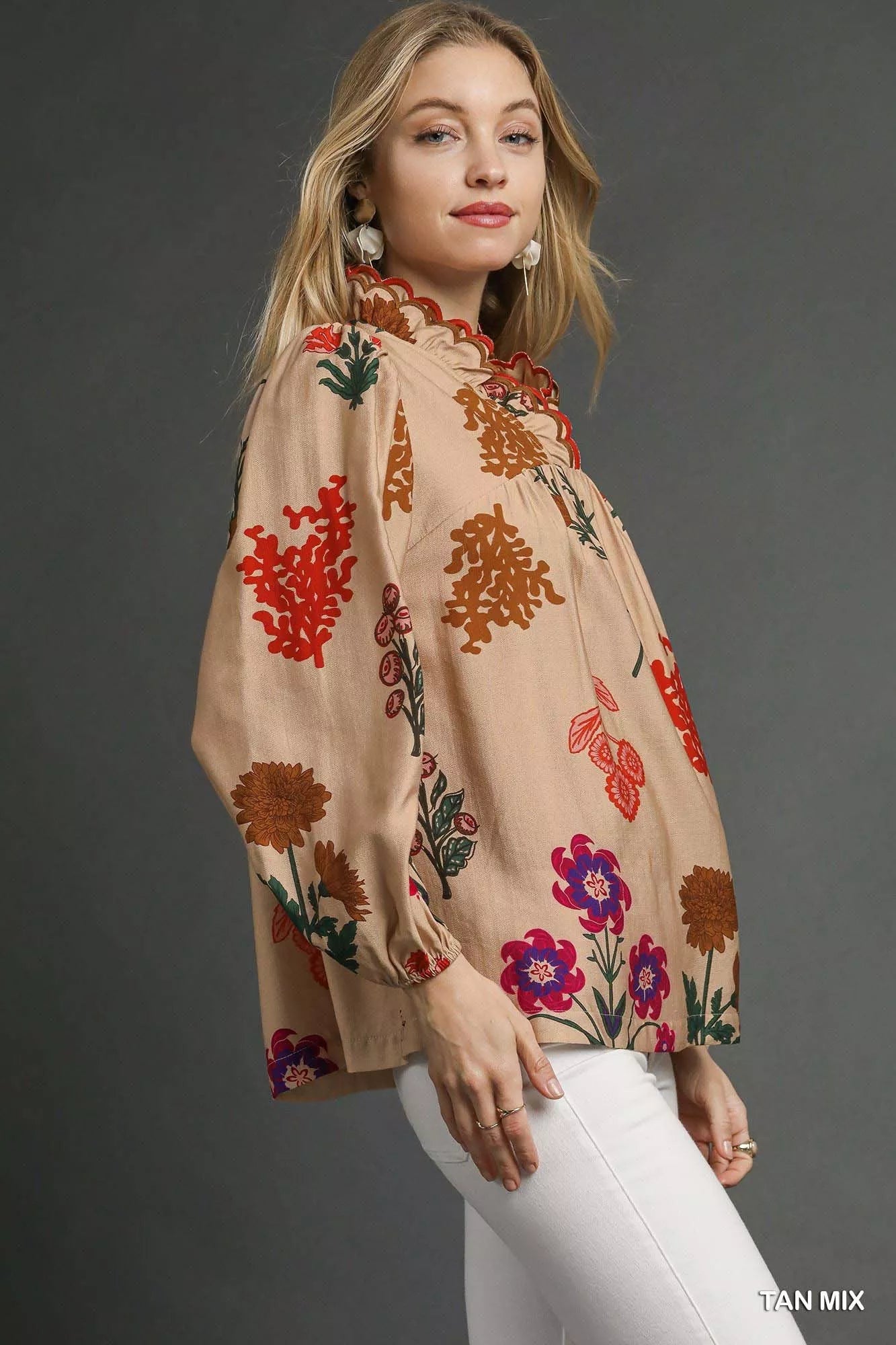 Umgee Flower Print Blouse with Scalloped Neckline - Bitsy Gypsy Boutique