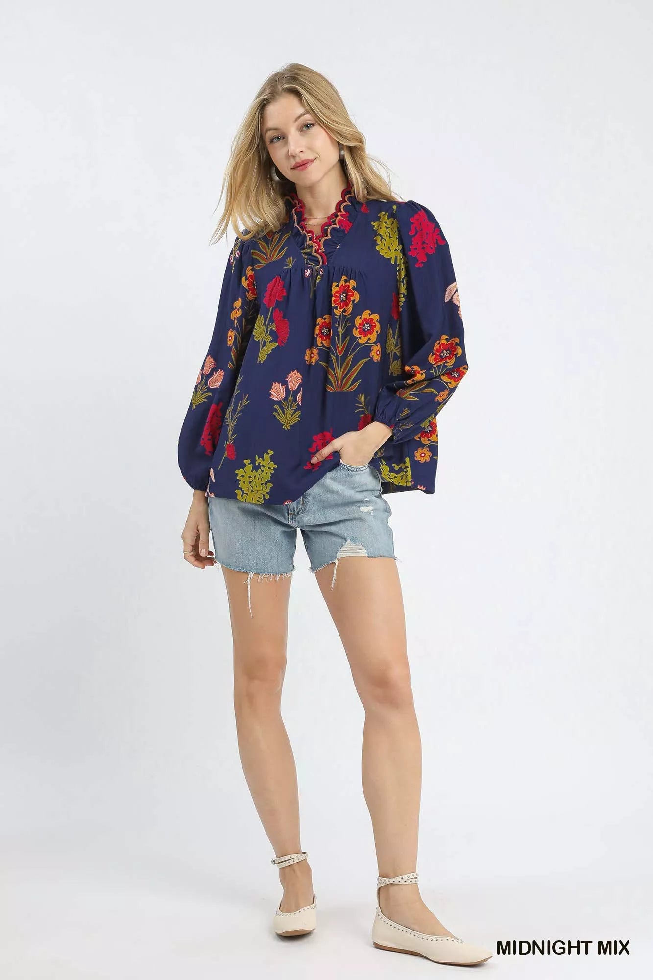 Umgee Flower Print Blouse with Scalloped Neckline - Bitsy Gypsy Boutique