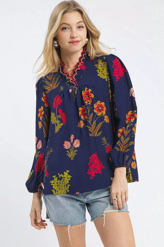 Umgee Flower Print Blouse with Scalloped Neckline - Bitsy Gypsy Boutique