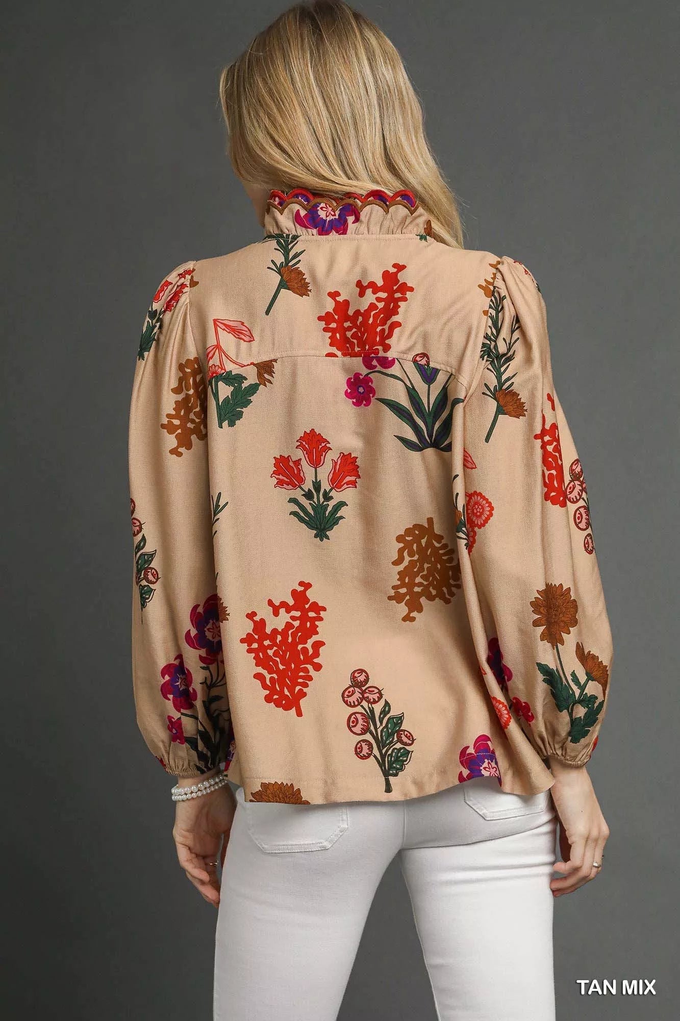 Umgee Flower Print Blouse with Scalloped Neckline - Bitsy Gypsy Boutique